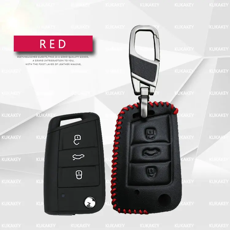 KUKAKEY чехол для ключей автомобиля из натуральной кожи для SEAT Leon Ibiza CUPTRA для Skoda Octavia, чехол для ключей, держатель для VW Polo golf 7 MK7 - Название цвета: 3Button Red