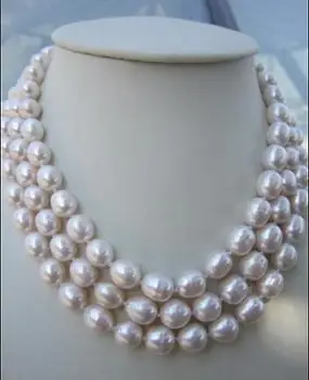 

3 string AAA 9-10mm natural south sea white baroque pearl necklace 18-20"14k c