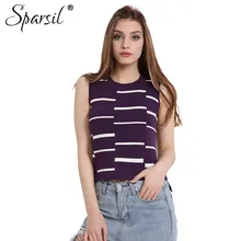 Sparsil Для женщин Лето прохладную ткань вязаный жилет тонкий o-образным вырезом с коротким Дизайн полосатые топы дамы Slim Fit Модные без рукавов