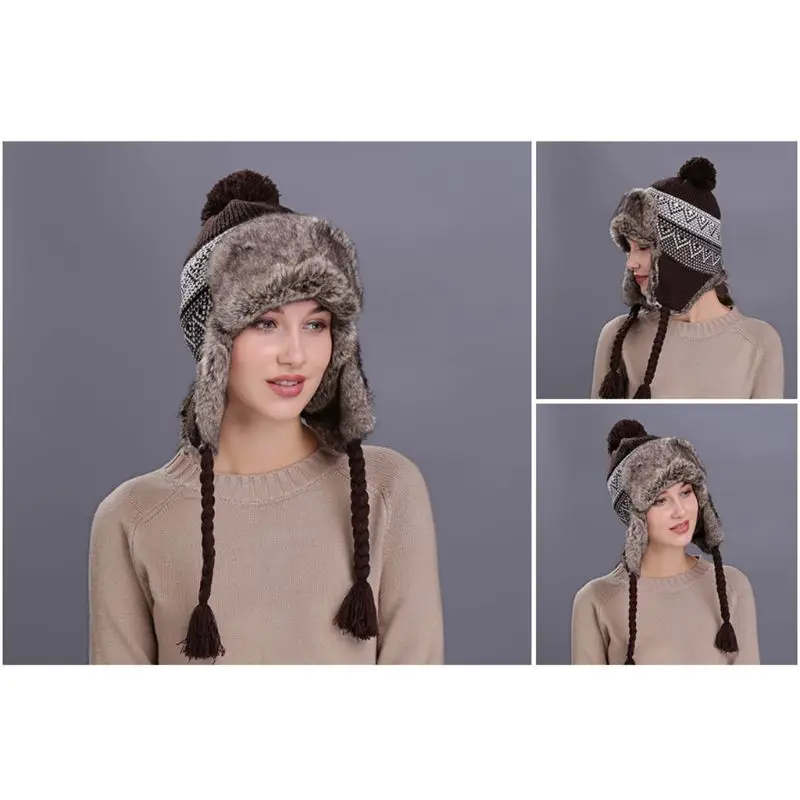 11 Styles Women Winter Thicken Lining Earflap Hat Knitted Contrast Color Snow Ski Beanie Cap Pompom Ball Long Tassels Ear Warmer