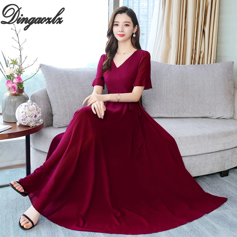 

Dingaozlz Summer Dress 2019 Solid color Short sleeve Chiffon Dress New fashion Bow tie Plus size Women dress Vestidos