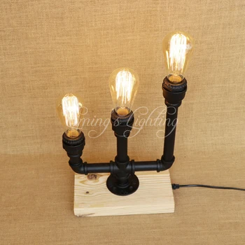

Vintage 3 lights iron Candlestick industrial desk lamp Wood base lamp with switch LED light for caffe bedside restaurant Fixture