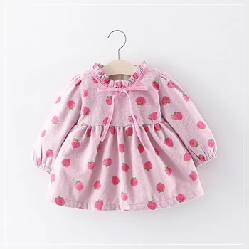 

cute winter new female baby plus velvet warm dress newborn strawberry print princess dress children's party dress