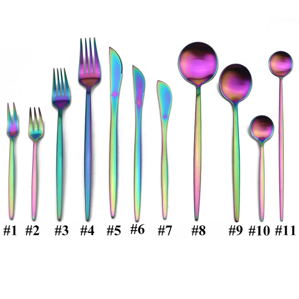 Роскошные блестящие 24-штук красочные Радуга столовые приборы Нержавеющая сталь набор посуды нож, вилки чайной посуды набор серебряных изделий