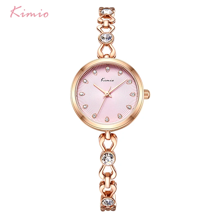 KIMIO Brand Small Dial Quartz Watches For Women Ladies Stainless Steel Hollow Thin Bracelet Watch Delicate Crystal Wristwatch - Цвет: pink watch