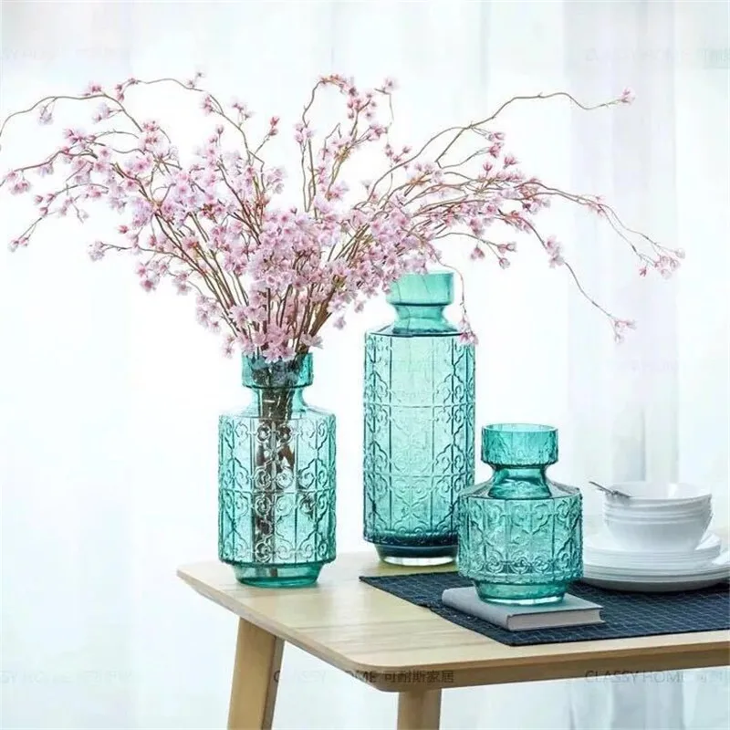 Европейская короткая прозрачная синяя рельефная стеклянная ваза для цветов Гидропоника Цветочная комната кабинет Прихожая домашний свадебный стол украшение