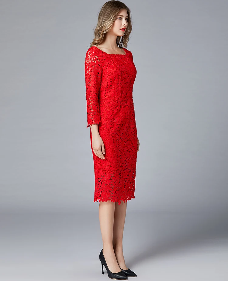 Высокое качество Цветочные полые кружевные платья красного цвета ...
