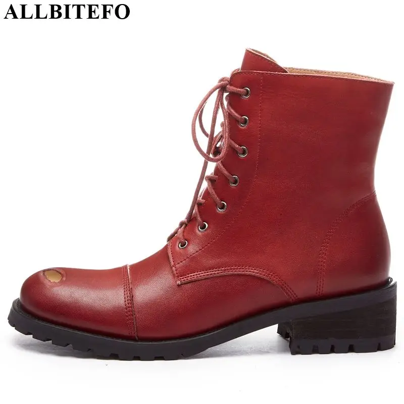 

ALLBITEFO real genuine leather women boots Pure color Autumn Winter comfortable breathable ankle boots Martin boots Round toe