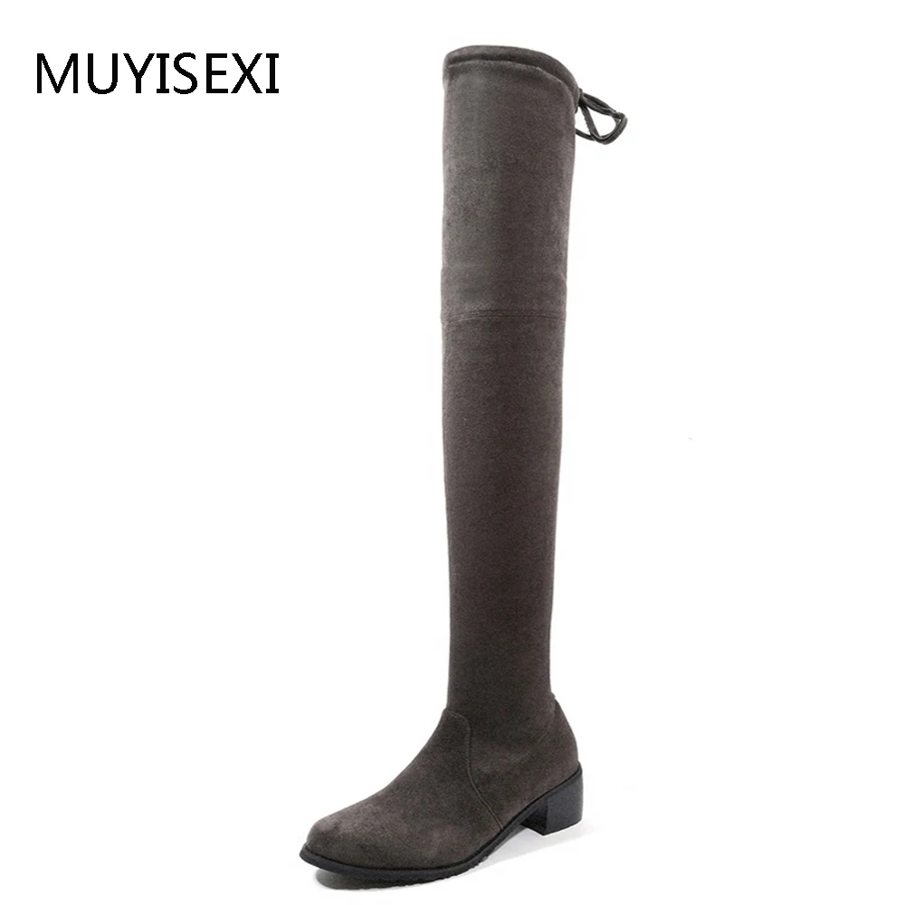 

Thigh High Boots Round Toe Thick Heel Women's Boots Fashion Elastic Over the Knee High Boots Black Gray Botas NMT01 MUYISEXI