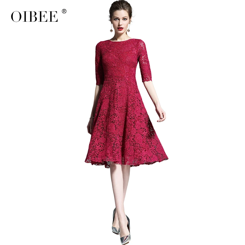 

OIBEE2019 spring and summer new embroidered large swing five-point sleeves lace dress noble ladies temperament dress female