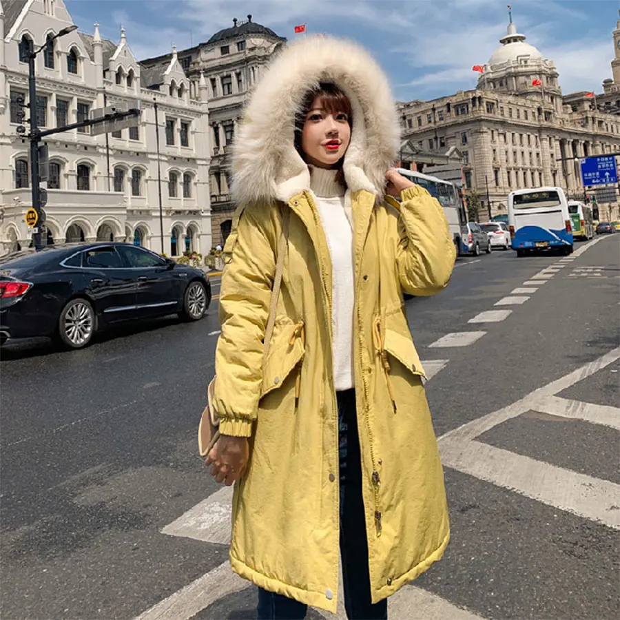

Solid Fur Collar Hooded Warm Cotton Coats Women Casual Pockets Zipper Long Winter Outwears Women's Thicken Hardy Cotton Jackets
