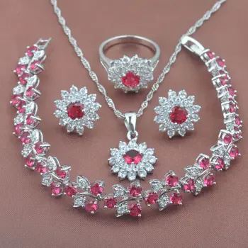 

Silver Plated Women's Jewelry Sets Rose Red Zirconia Flower Design Bracelet Necklace Pendant Earrings Ring YZ0150