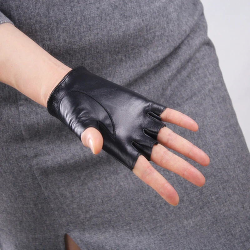 Genuine Leather Pure Sheepskin Black Semi-Finger Fingerless Ultra Short Woman's Gloves Locomotive Style Unlined TB39-1