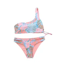 Женский сексуальный бикини на одно плечо, с перекрещивающимися завязками, бандо с низкой талией, с вырезами, стринги ярких цветов, купальник с тропическими листьями