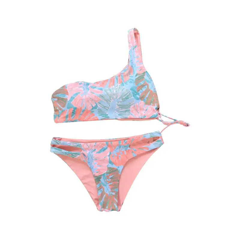 

Women Sexy Bikini One Shoulder Hollowed Cross Bandage Bandeau Low Waist Cut Out Thong Candy Colored Tropical Leaves Swimsuit