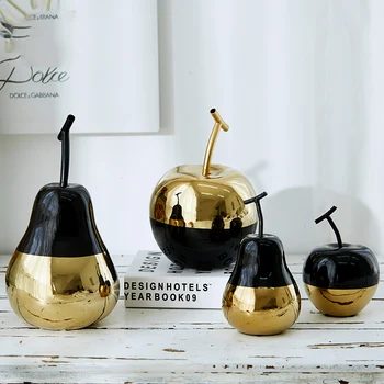 

Creative Gold And Black Apple Pear Fruit Statue Wedding Gift Ornaments Home Furnishing Decoration Crafts Livingroom Figurine Art