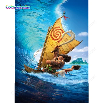 

Princess Moana with God Maui Sailing the Small Boat On the Ocean Fairy Tale World Birthday Backdrops for Theme Party Decoration