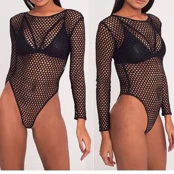 

Sexy Women Long Sleeve Bodycon Bandage New Grid Hollow Out Black O-neck Bodysuit Jumpsuit Sexy Short Romper Tops