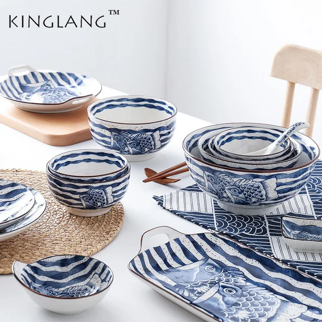 KINGLANG Plate set Japanese fish hand painted underglaze ceramic