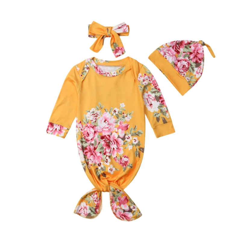 Весенняя пижама из муслина для завёртывания для пеленания с круглым вырезом и цветочным рисунком, с длинными рукавами, для сна, 3 предмета, для новорожденных девочек
