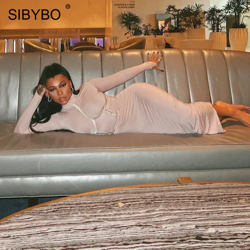 Sibybo, водолазка, хлопок, длинное платье для женщин, в стиле пэчворк, с длинным рукавом, сексуальное, облегающее платье, одноцветное, для девушек, повседневные платья