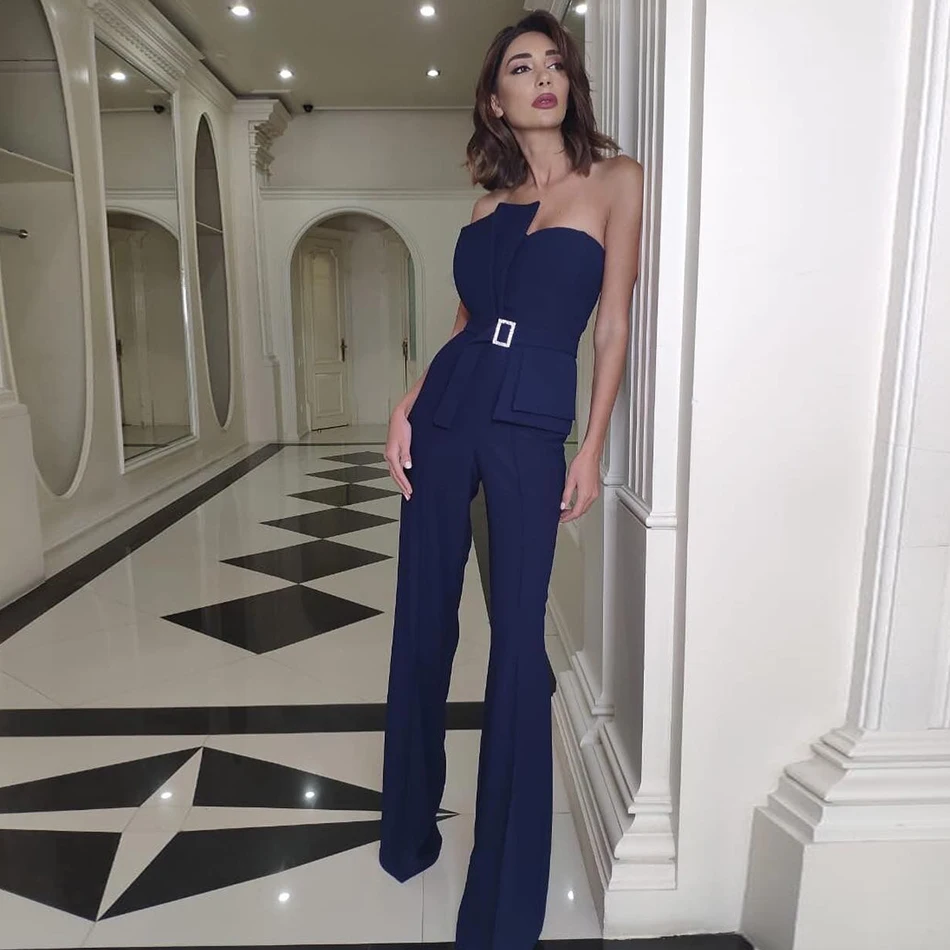 

ADYCE Celebrity Runway Party Jumpsuits For Women 2019 New Summer Sexy Strapless Sleeveless Blue Diamond Sashes Bodycon Bodysuits