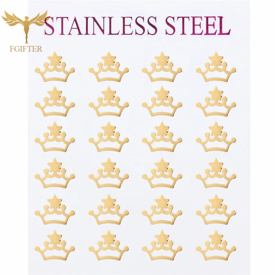 

FGifter 12 Pairs/lot Gold Crown Earrings for Girls Women Gold Color Stainless Steel Jewelry Christmas Girls