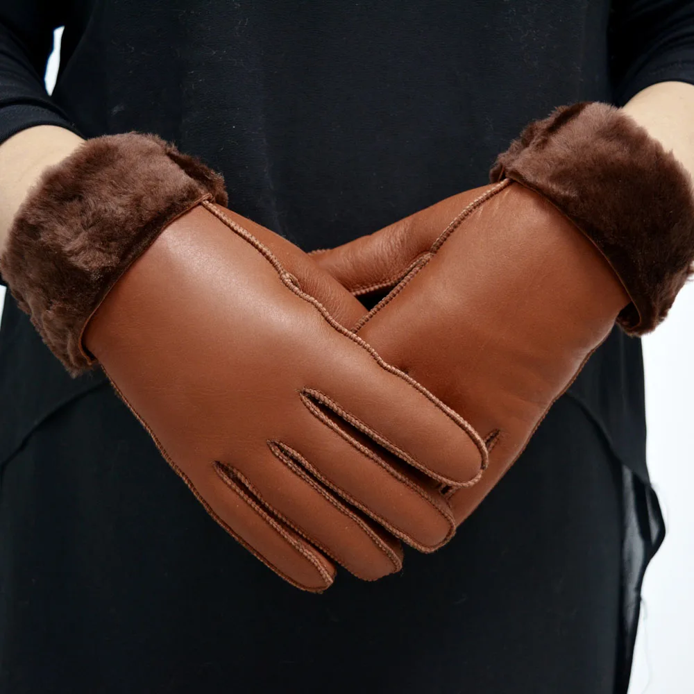 Fur Leather Gloves Winter Genuine Sheepskin Leather Gloves For Women Fur Lined Warm Mittens lady 