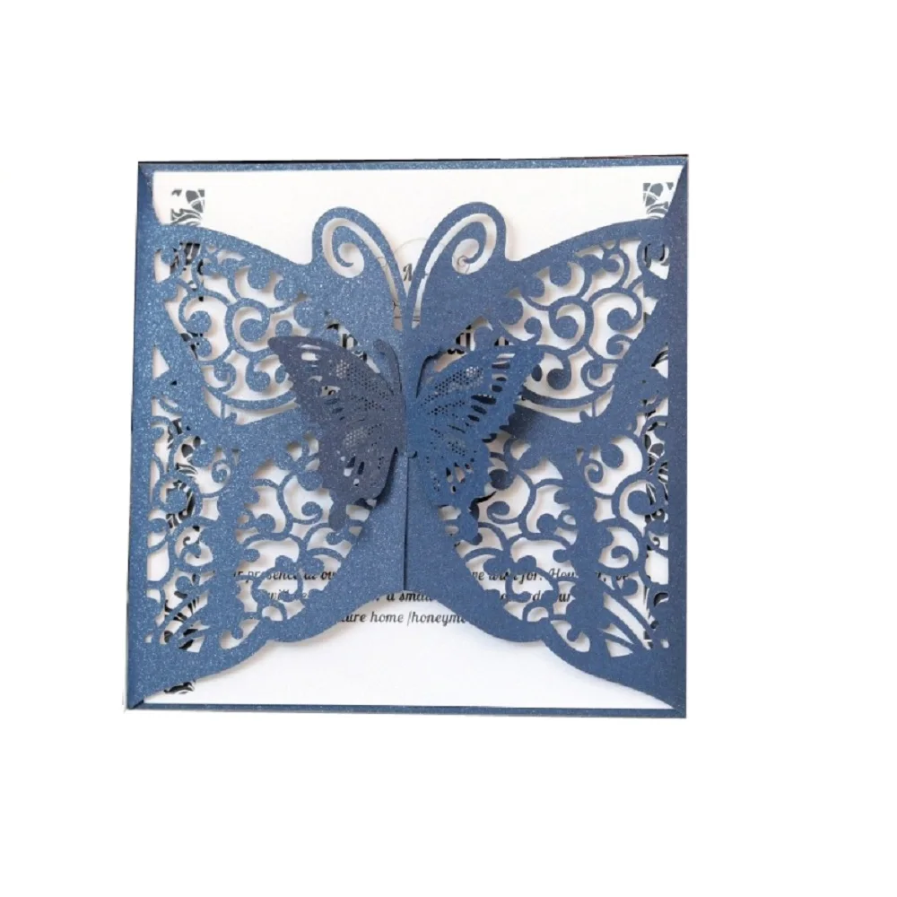 

50pcs Square Laser Cut Wedding Invitations Hollow Lace Butterfly Invites Wedding & Engagement Cards Pink White Blue wedding