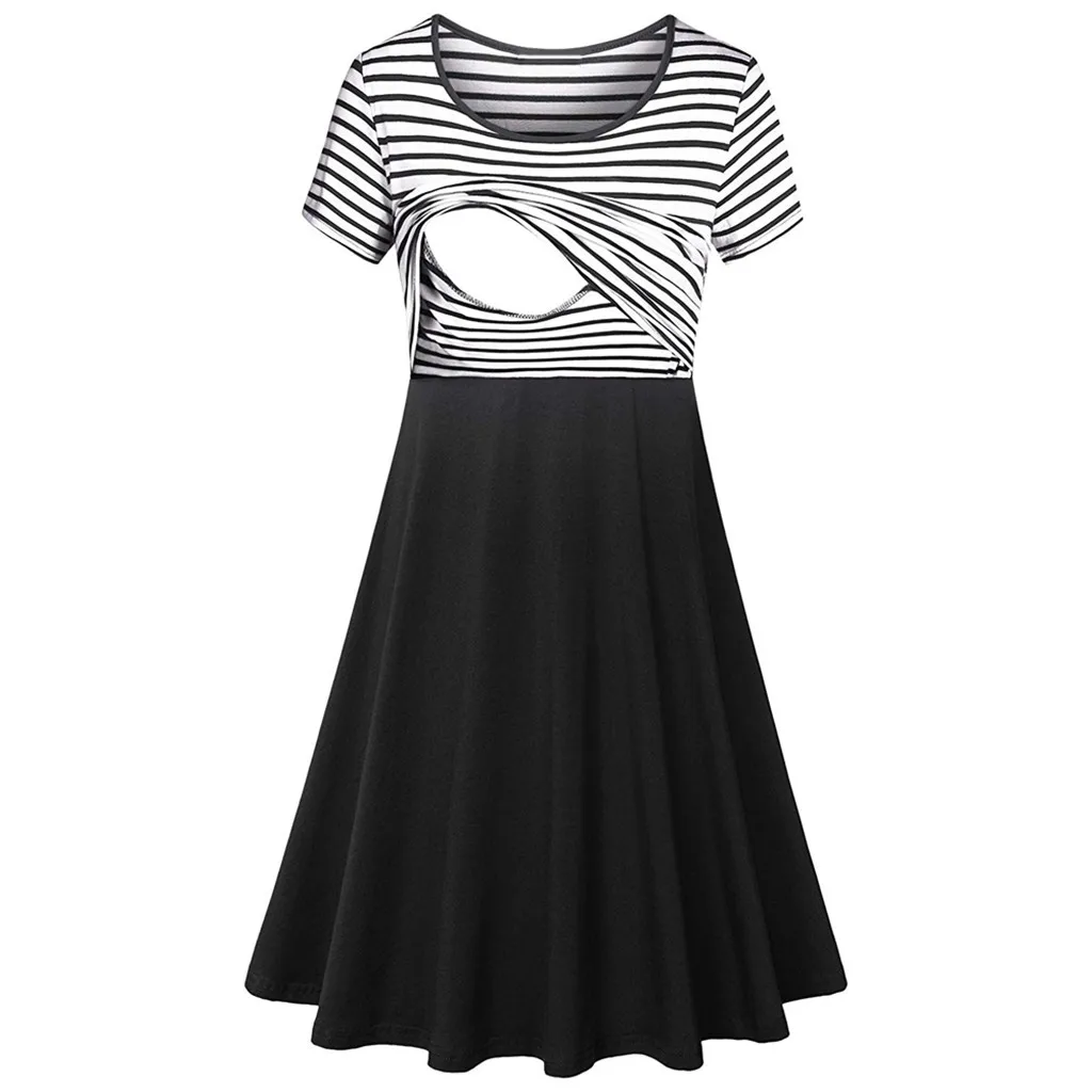 

LONSANT Maternity dress Women Pleated short dress Pregnant Nursing black and white Stripe Breastfeeding Summer Maternity Dress