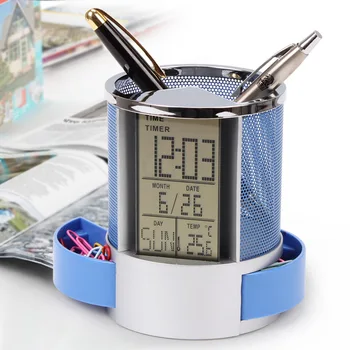 

Multifunction Pen Pencil Holder Digital Calendar Alarm Clock Time Temp Function Metal Mesh For Home Desk Office Supplies WXV Sal
