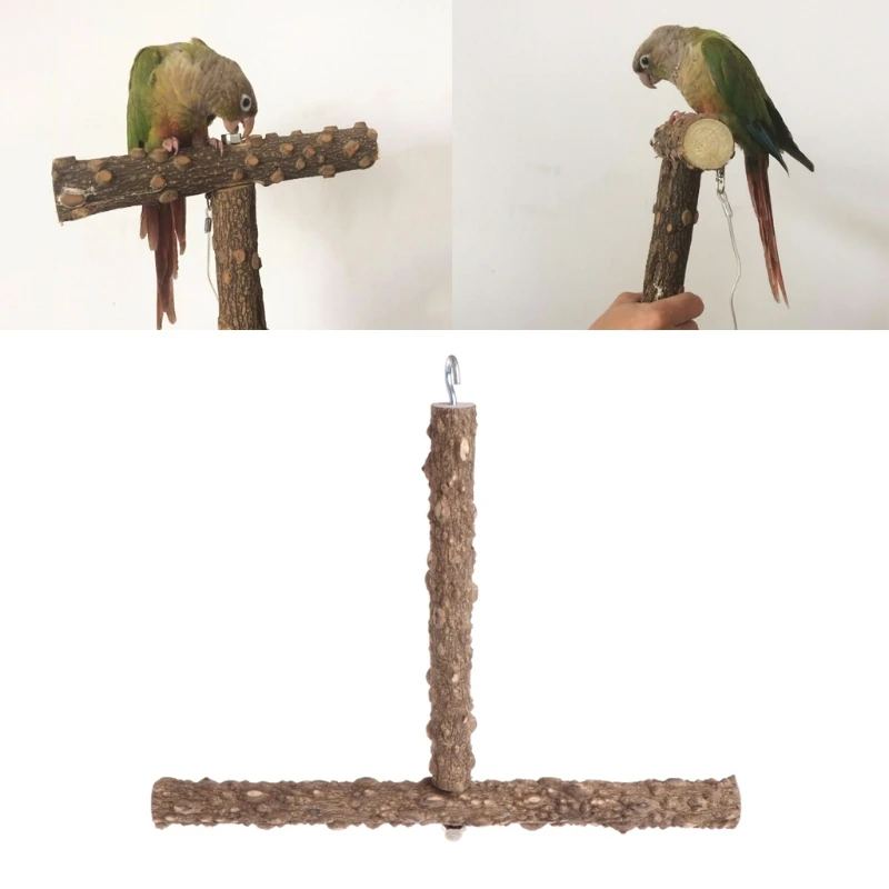 Pet Natural Wooden Birds Parrots Stand Holder Hanging Swing Toys