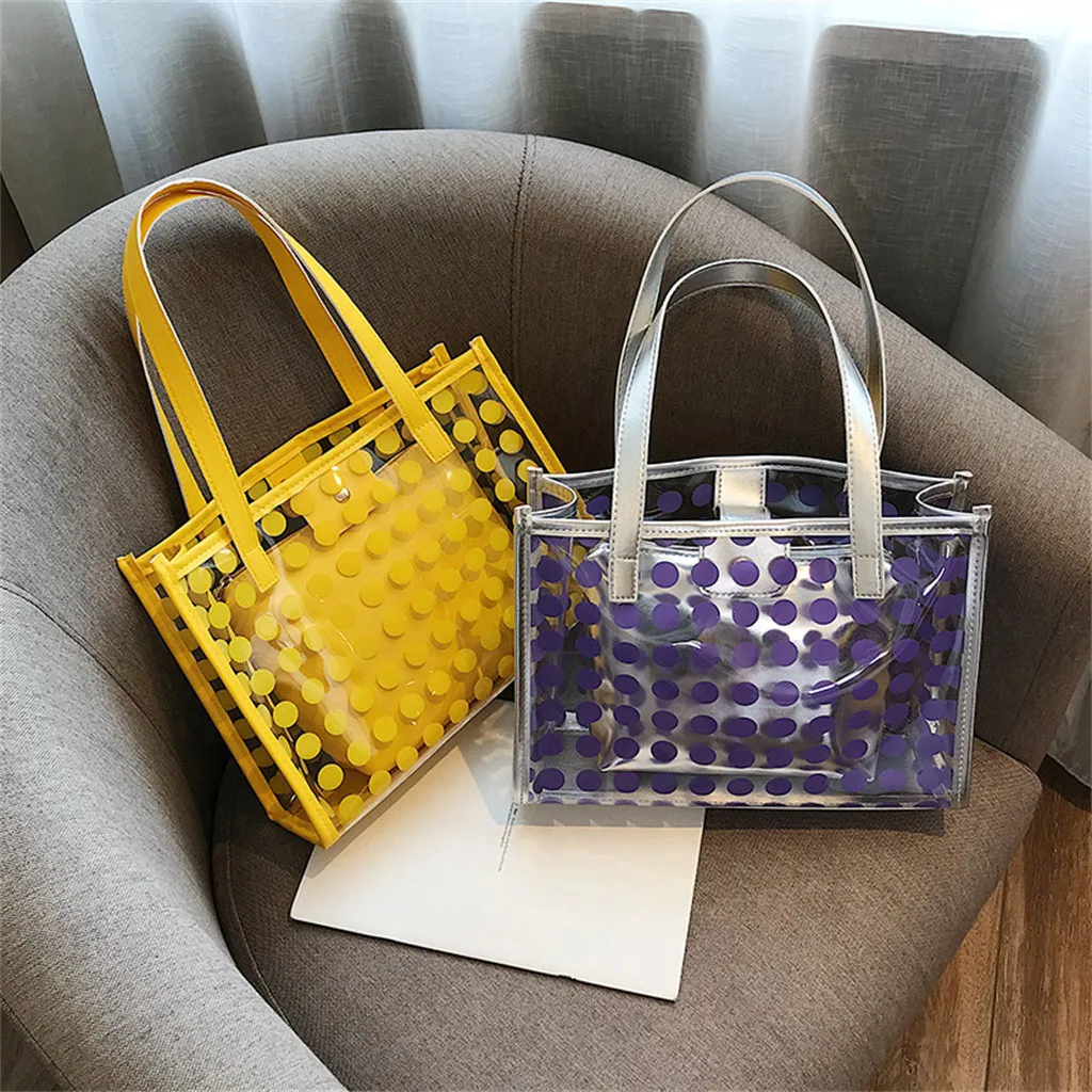 

Women Shoulder Bag Women Transparent Jelly Bag Tote Bag Summer Wave Point Shoulder Bag Set 2pcs Crossbody Beach Bag