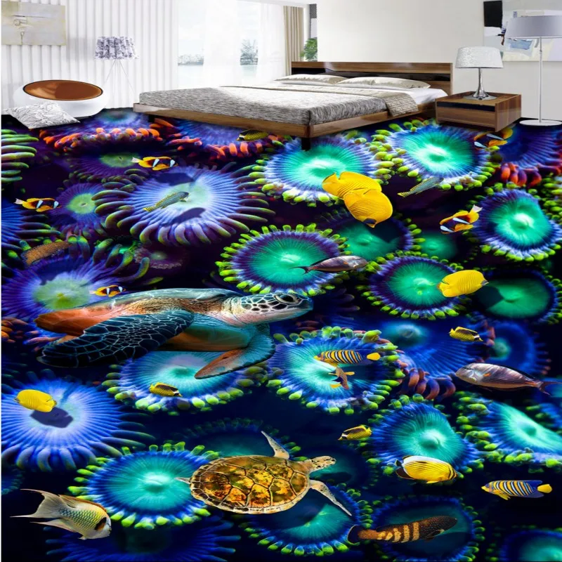 

Free Shipping 3D Stereo Submarine world turtle water planting living room bathroom Self-adhesive wallpaper mural