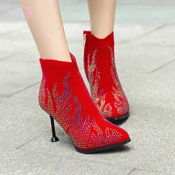 

Chinese ethnic style sexy pointed toe autumn ankle boots rhinestone zipper black red high-heeled stiletto women's riding boots