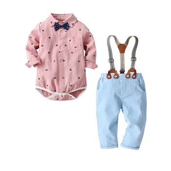 

QAZIQILAND Toddler Baby Boys Clothing Set Gentleman Long Sleeve Print Rompers Shirt+Jeans 2PCS Outfits Newborn Boys Clothes Set