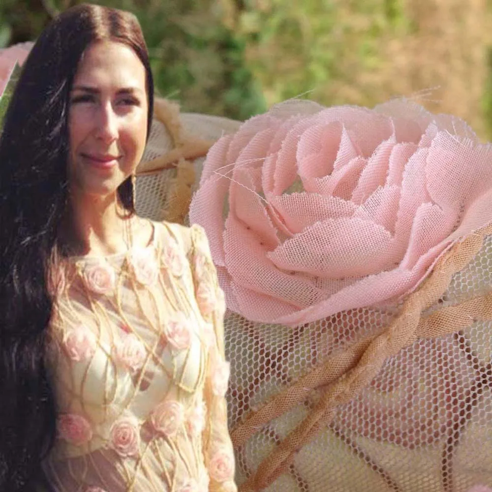 

3D Pink Mesh Chiffon Flower Lace Fabric,Diy French Swiss Wedding Apparel Sewing Laces,African Embroidered Lace 1yard Width:130cm