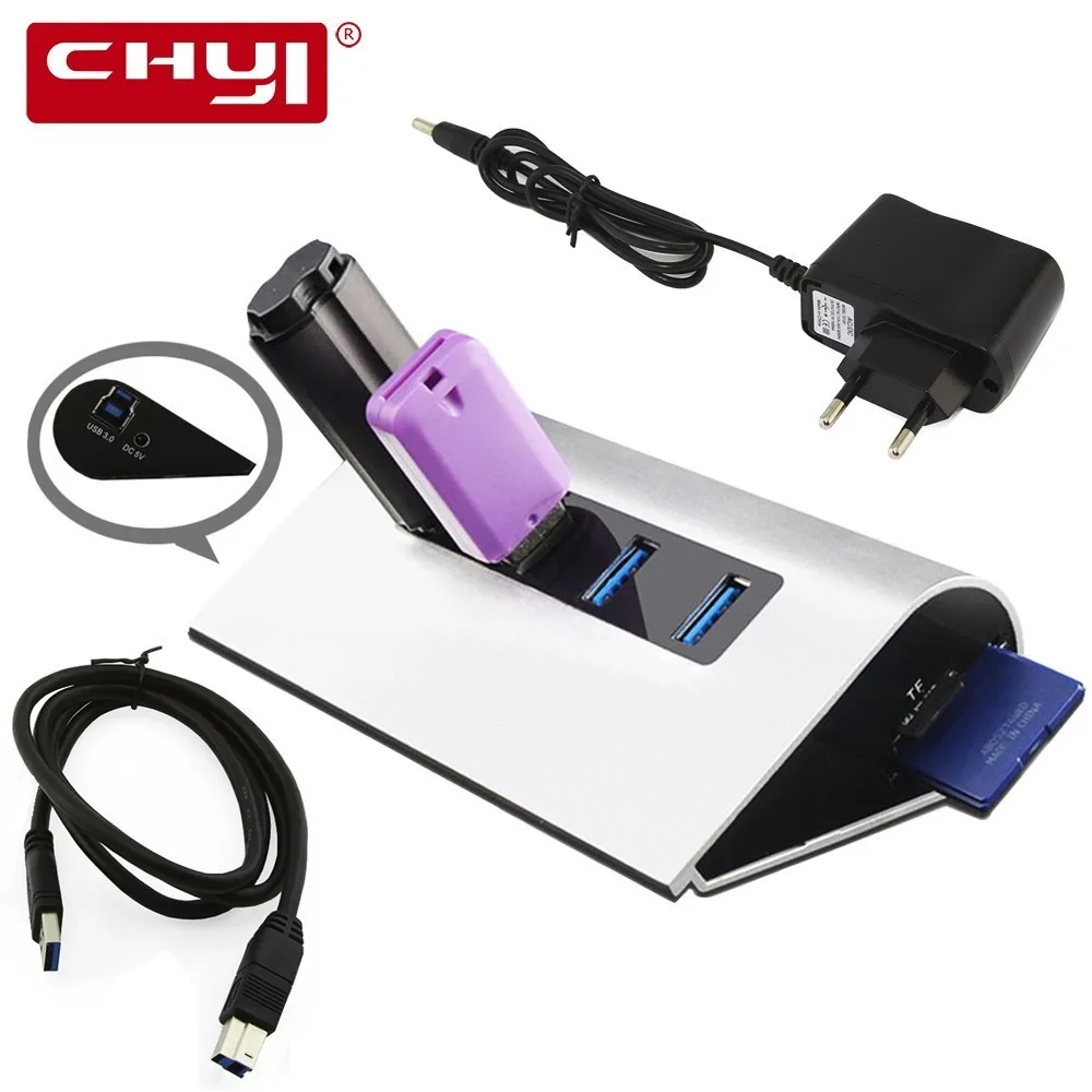melhor CHYI 4 Portas USB3.0 4 e porta USB 3.0 Splitter Hub para SD TF Cartão 5 5gbps de Alta Velocidade leitor com Power Adapter Combo Para PC Portátil
