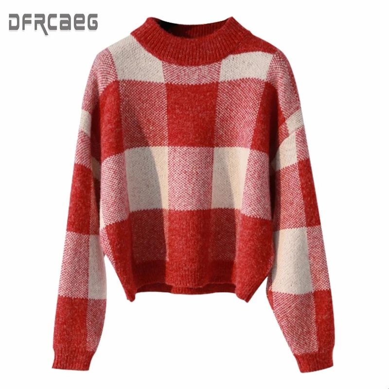 

2019 Plaid Loose Women's Woolen Sweaters Autumn Winter Black O-neck Pullovers Wool Sweaters Female Casual Long Sleeves Sweaters