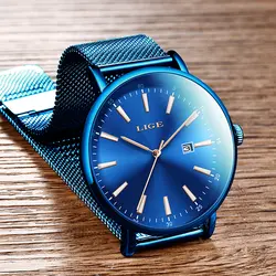 Мужские часы, наручные часы с механизмом, синий Для мужчин s часы lige top бренд Повседневное модные Нержавеющая сталь Водонепроницаемый