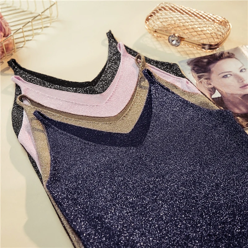 

Women Spaghetti Strap Tank Top Spring Summer Sexy V Neck Slim Knitted Vest Bright Silk Tops Lady Sleeveless Short Shirts RH1853