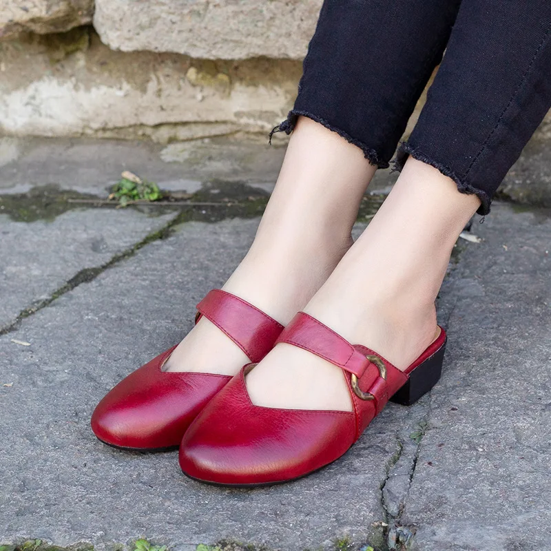 

Women's Genuine Leather Slip-on Mules Backless Loafers Slippers Slides Sandals BURGUNDY/GREY