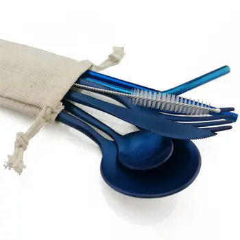 

16Pcs New Arrival Blue Cutlery Set With Straw Brush Bag Reusable Dinnerware Stainless Steel Dinner Knife Fork/Teaspoon For Home
