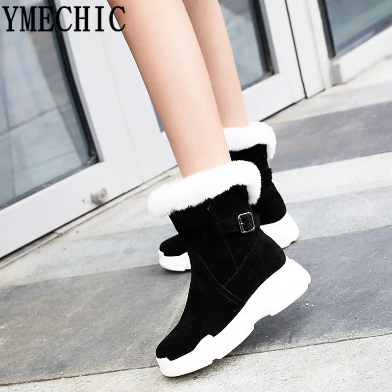 

YMECHIC Black Winter Women Boots 2018 Buckle Strap Tassel Wedge Platform Warm Ankle Snow Boots Warm Plush Ladies Shoes Plus Size