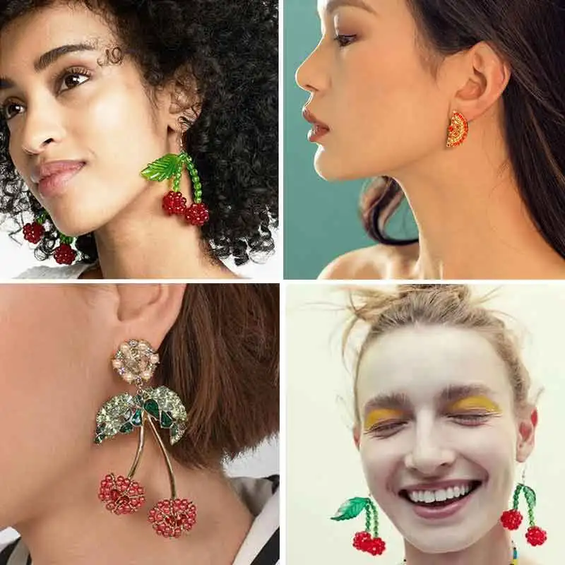 

Lalynnlys Cute Funny Fruit Rhinestone Crystal Drop Earring Red Cherry Orange Dangle Earrings Summer Ear Jewelry Gifts Wholesale