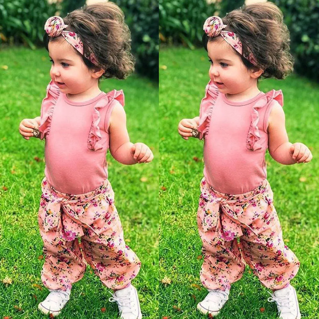 

Good-looking Toddler Kids Baby Girls Clothes Set Toddler Baby Girls Ruffles Solid Vest Tops+Floral Print Pants+Headband Outfits
