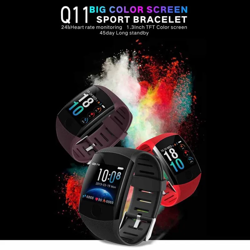 Q11 влагостойкие умные часы с ремешком Фитнес браслет большой нажатие на экран сообщение напомнить время сердечного ритма Smartband