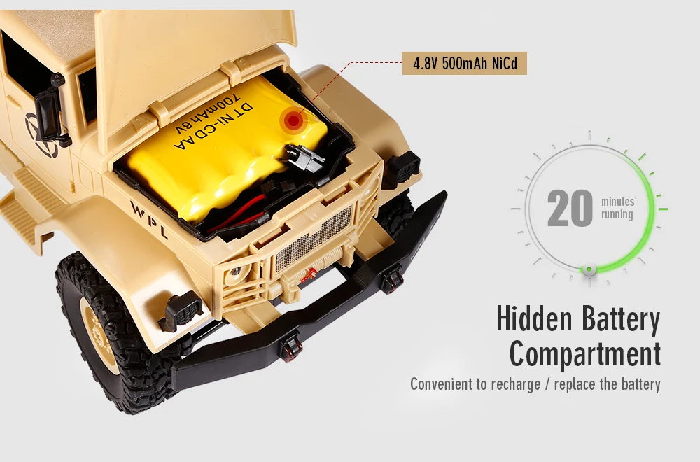 WPL B - 1 1:16 Mini Off-road RC Military Truck RTR Four-wheel Drive / Metal Suspension Beam / Bright LED Light