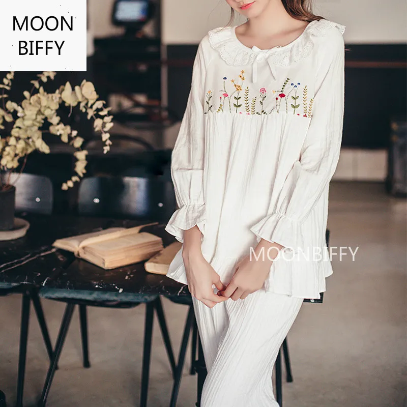 

Summer cotton gauze maternity clothing pregnant pajamas lace embroidery maternal feeding breast-feeding pregnant women's suits