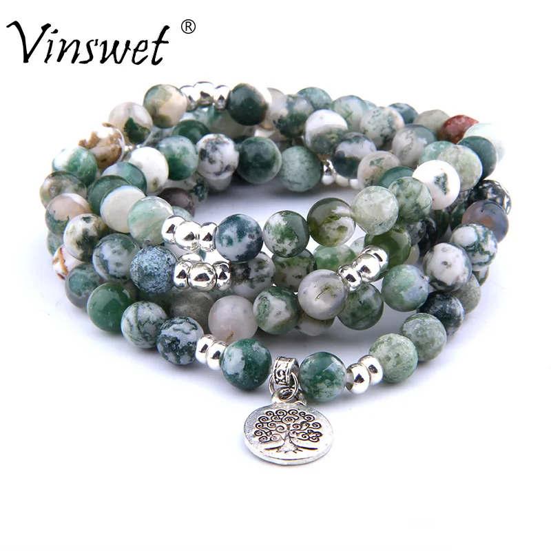 

Fashion Natural Stone Tree Agates Beads Bracelet Necklace 108 Beads Bracelet for Women Tree of Life Jewelry Gift